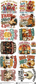 Chickens Sarcastic mixed-style heat transfer design set on a 23.5 by 53 inch sheet