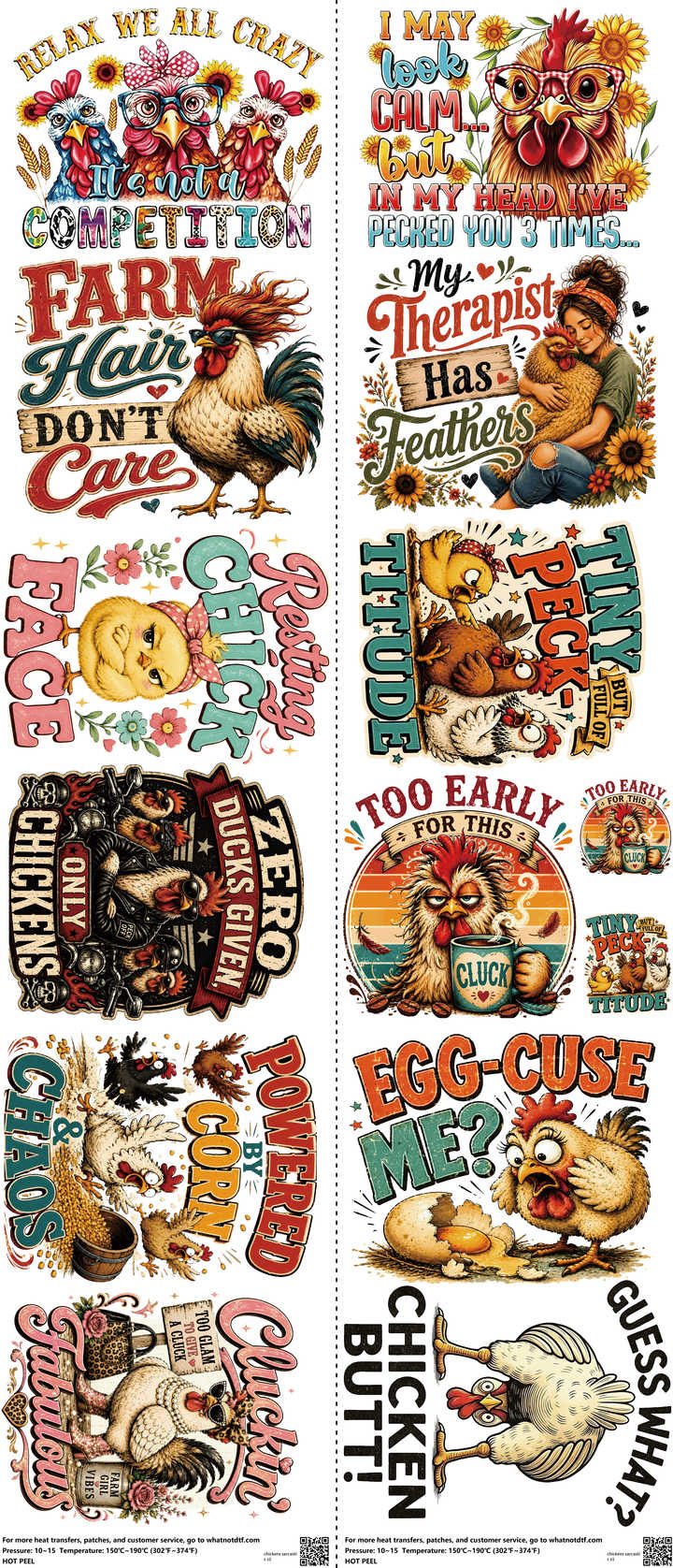 Chickens Sarcastic mixed-style heat transfer design set on a 23.5 by 53 inch sheet