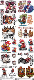 Chickens Sarcastic mixed-style heat transfer design set on a 23.5 by 53 inch sheet