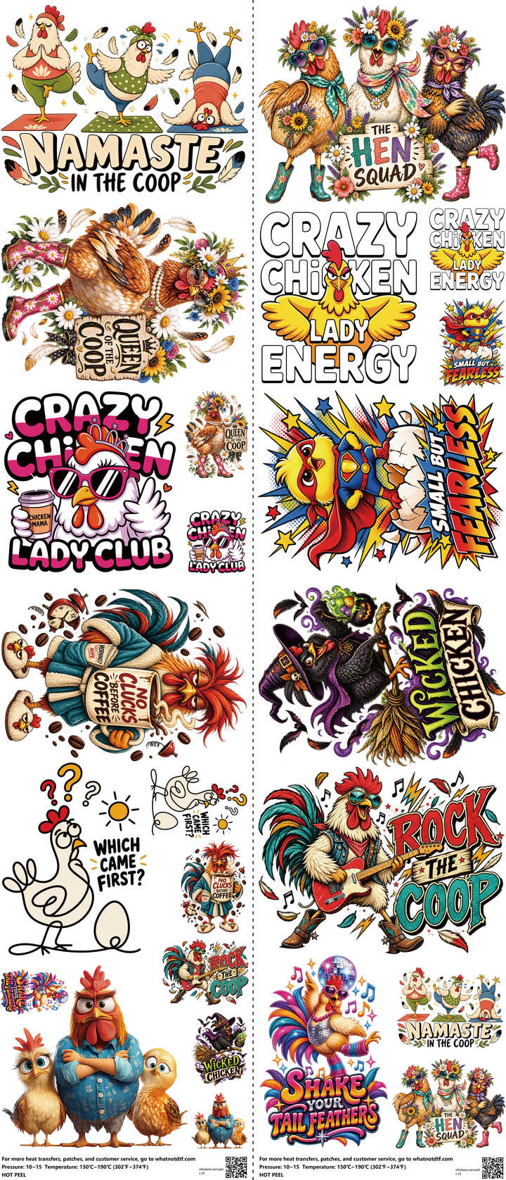 Chickens Sarcastic mixed-style heat transfer design set on a 23.5 by 53 inch sheet