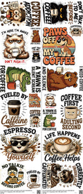 Coffee mixed-style heat transfer design set on a 23.5 by 53 inch sheet
