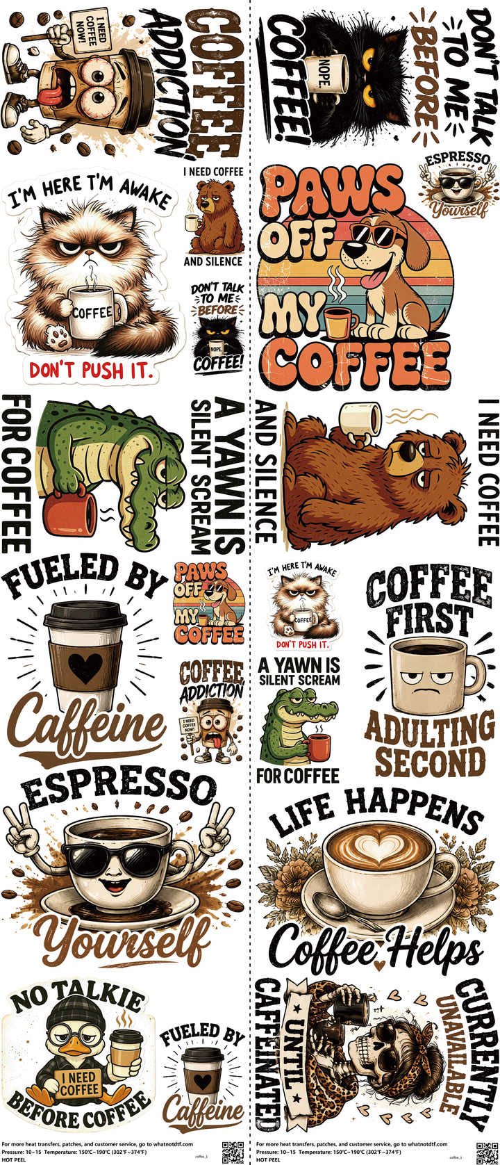 Coffee mixed-style heat transfer design set on a 23.5 by 53 inch sheet