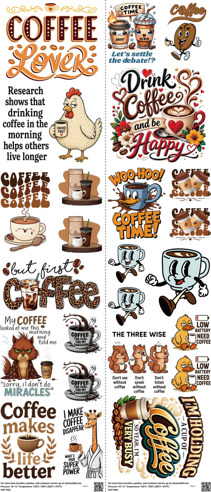 Coffee mixed-style heat transfer design set on a 23.5 by 53 inch sheet
