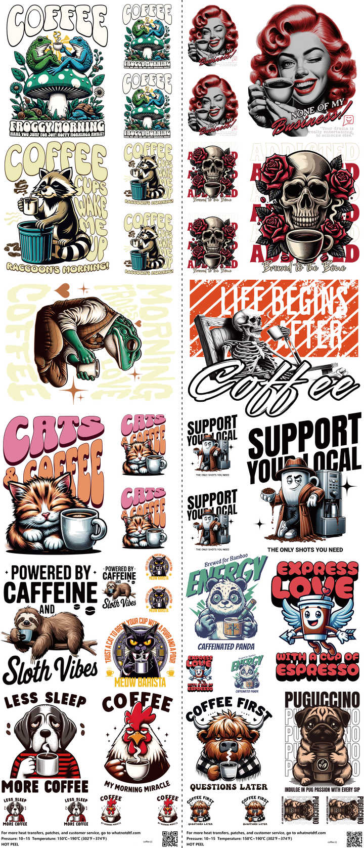 Coffee mixed-style heat transfer design set on a 23.5 by 53 inch sheet