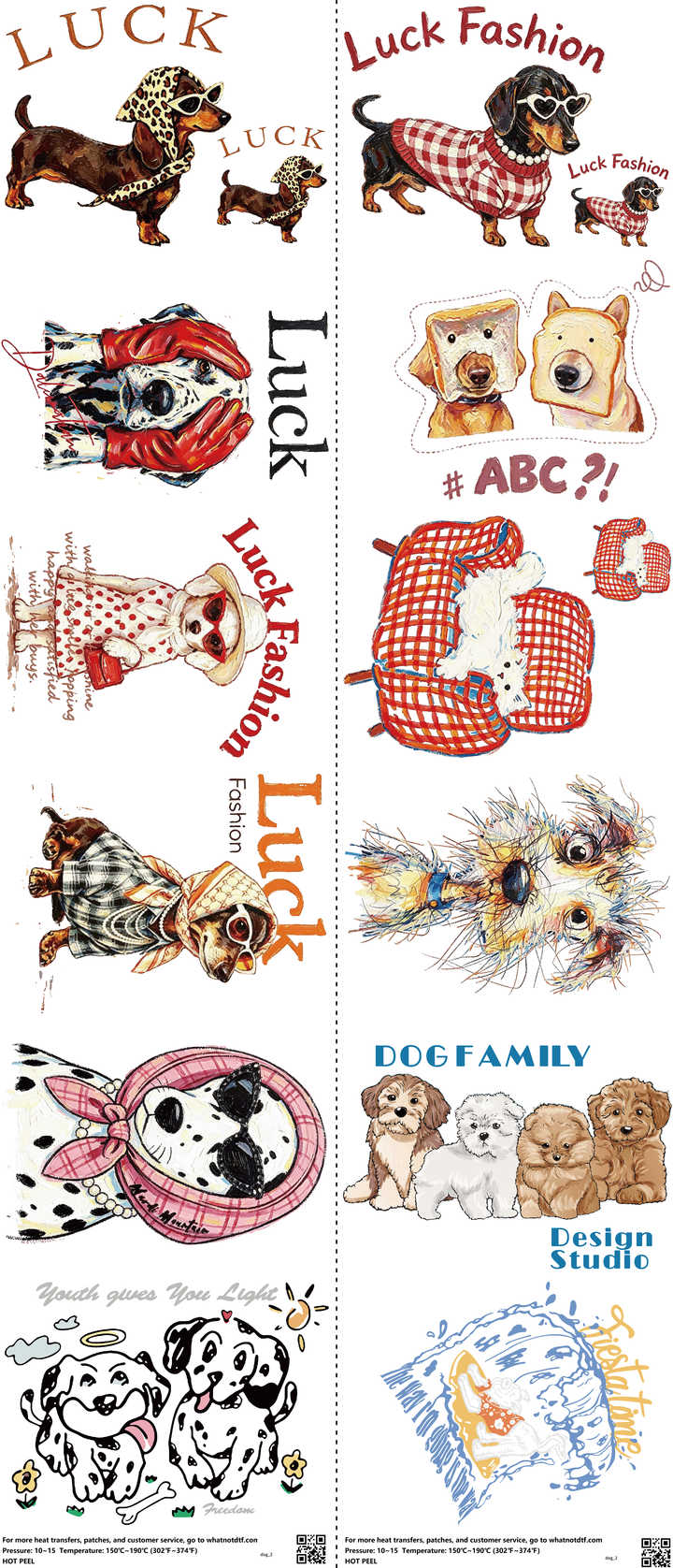Dog mixed-style heat transfer design set on a 23.5 by 53 inch sheet