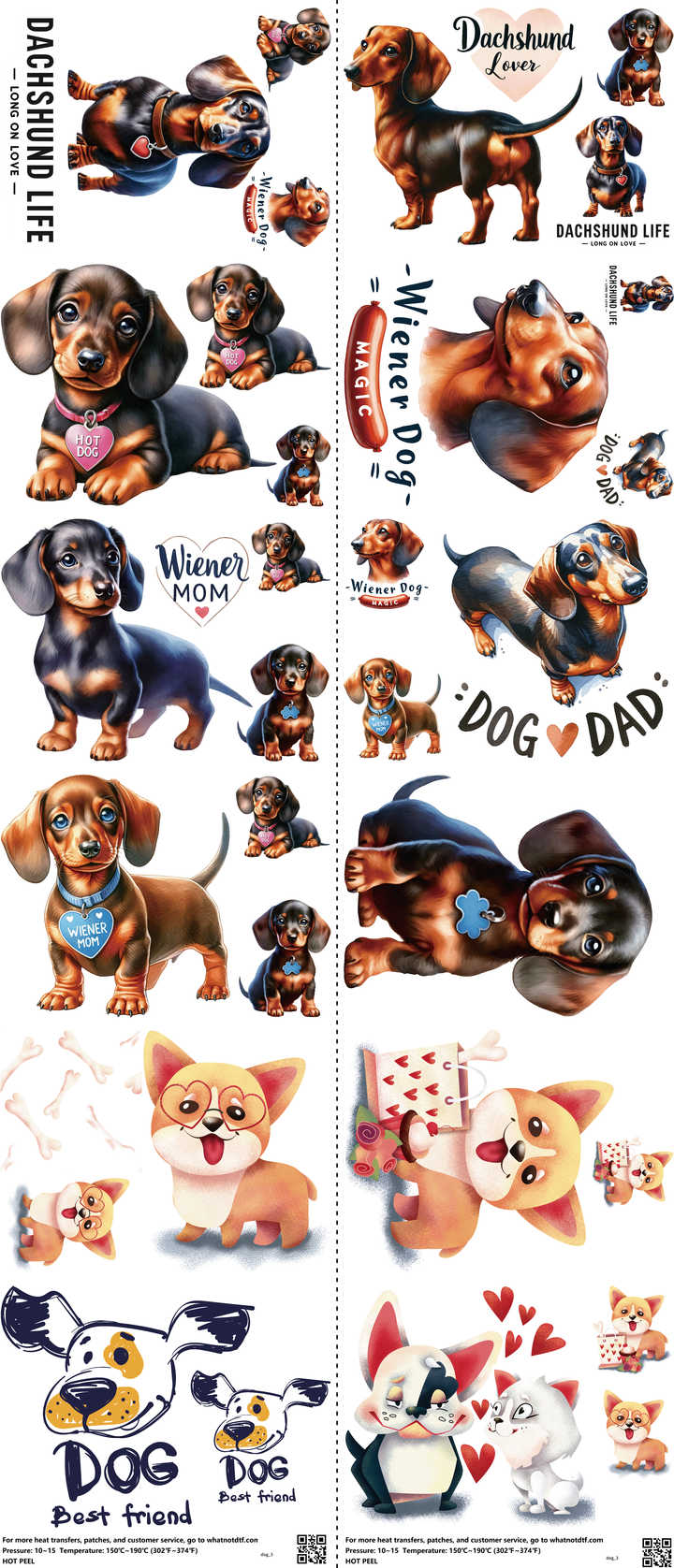 Dog mixed-style heat transfer design set on a 23.5 by 53 inch sheet