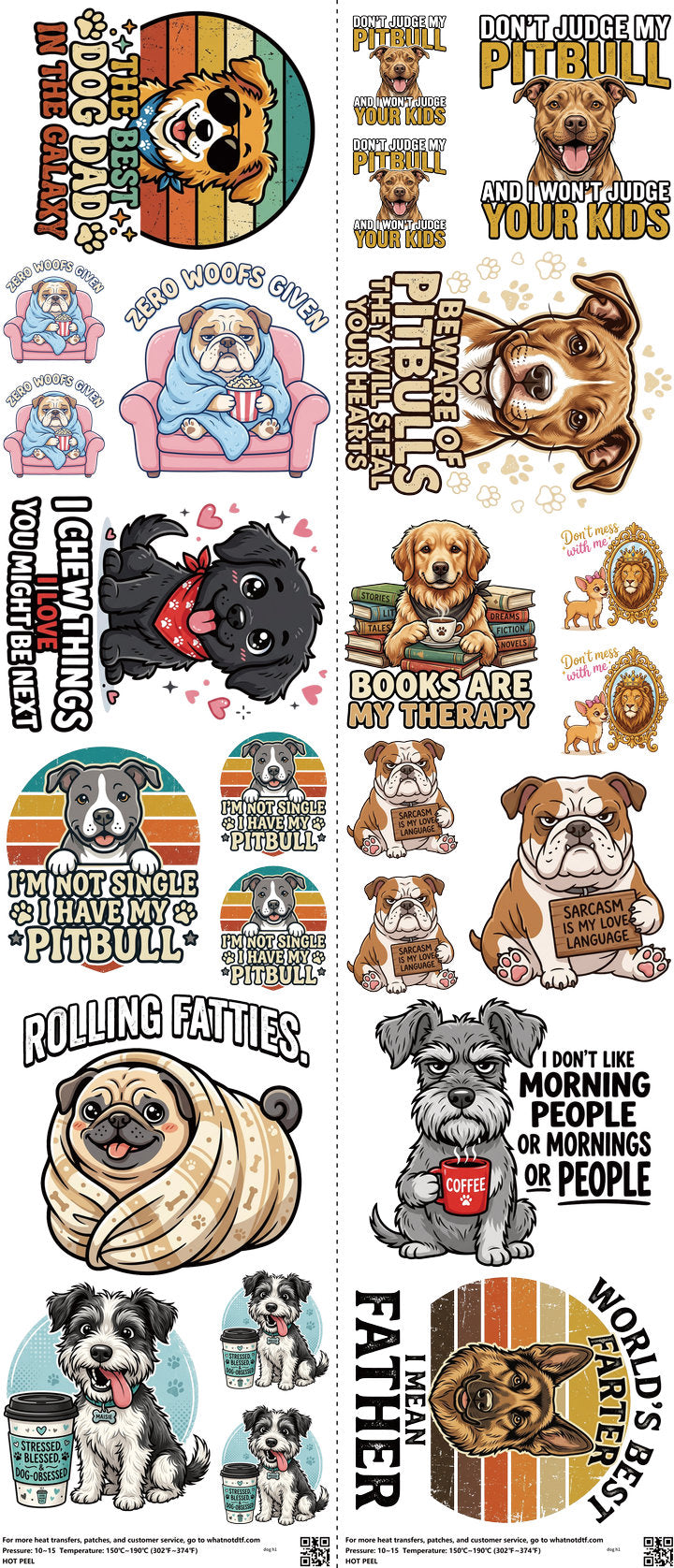 Dog mixed-style heat transfer design set on a 23.5 by 53 inch sheet
