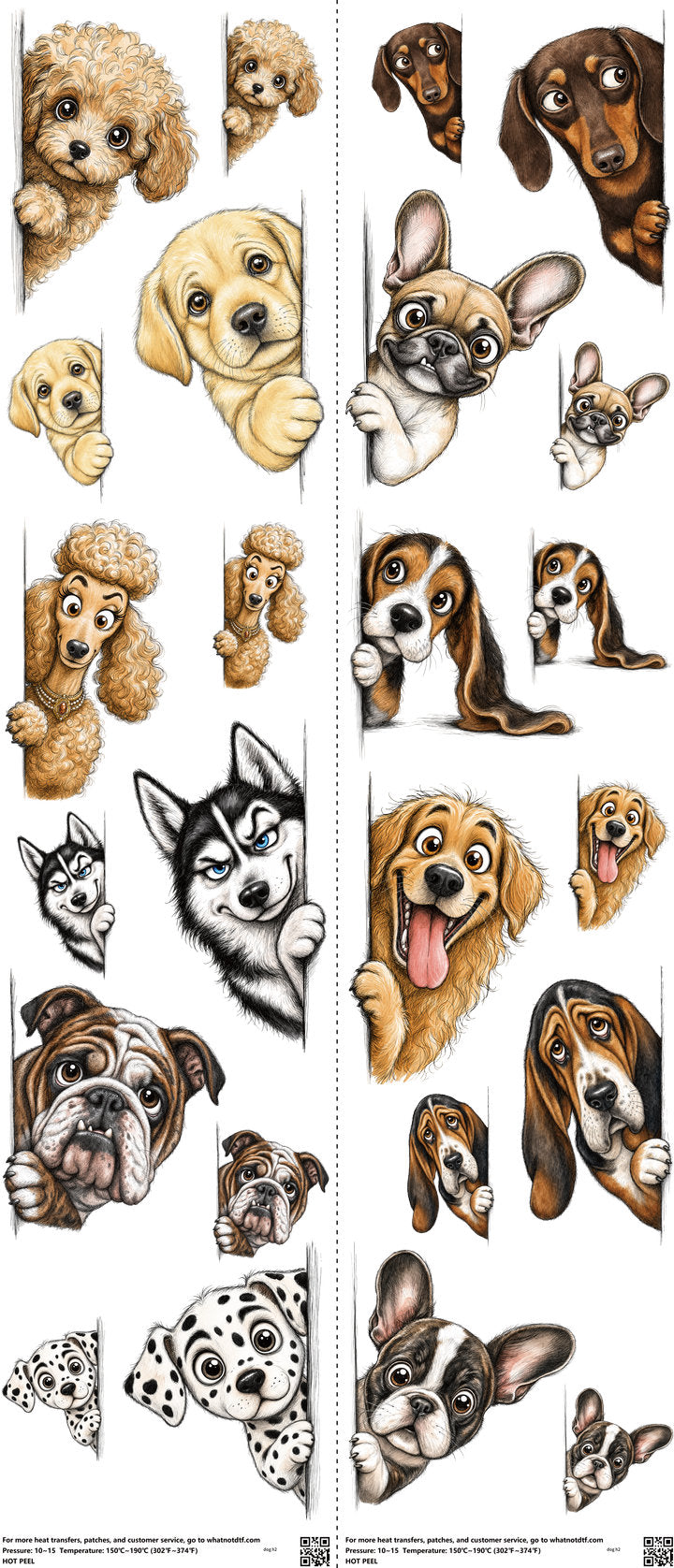 Dog mixed-style heat transfer design set on a 23.5 by 53 inch sheet