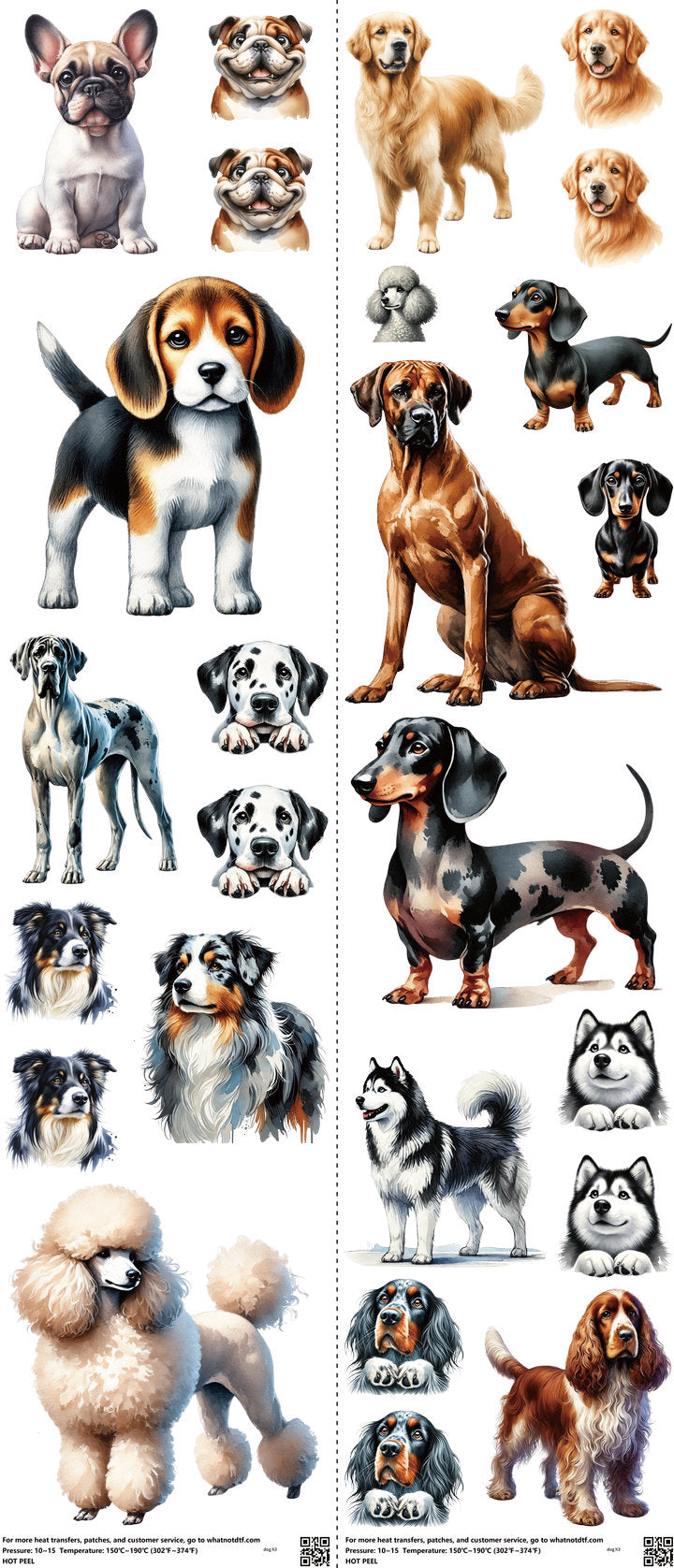 Dog mixed-style heat transfer design set on a 23.5 by 53 inch sheet