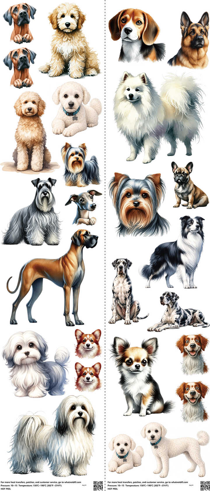 Dog mixed-style heat transfer design set on a 23.5 by 53 inch sheet