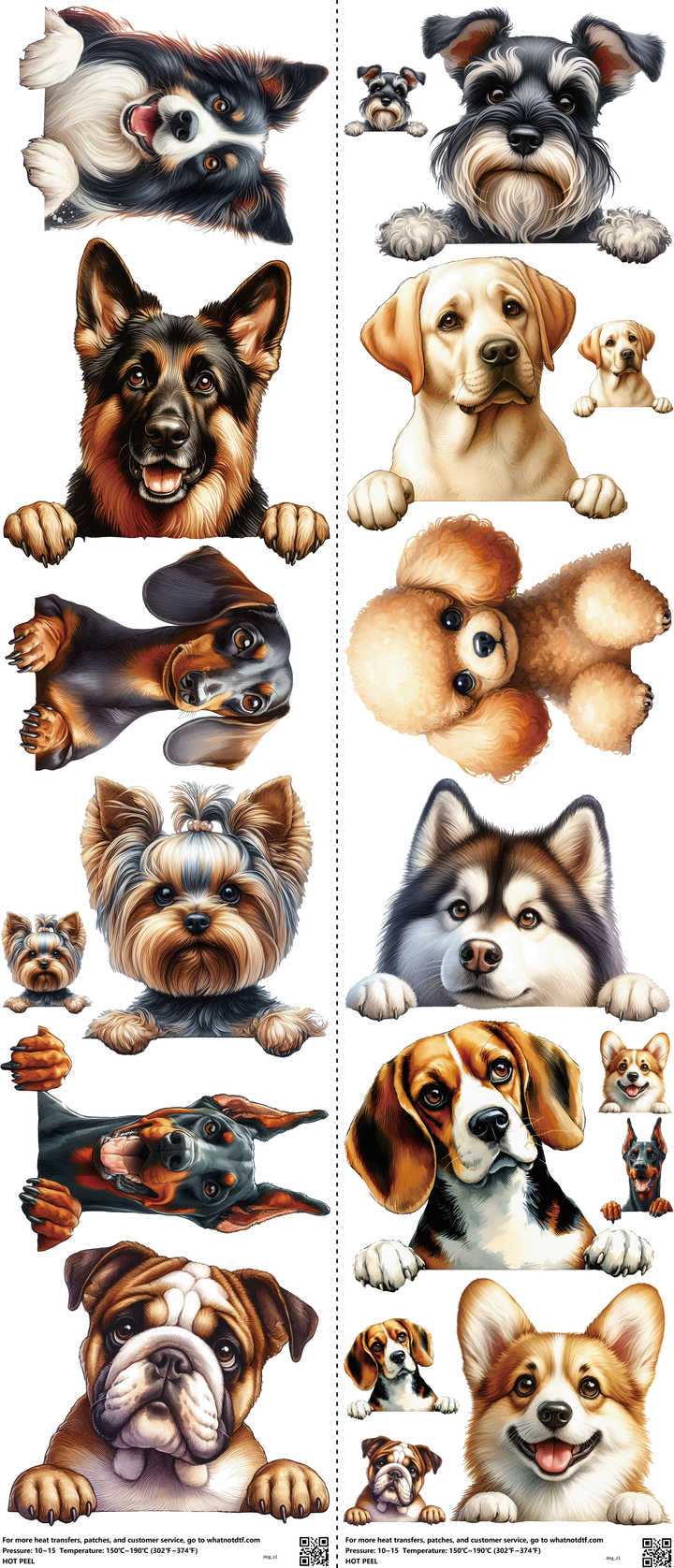 Dog mixed-style heat transfer design set on a 23.5 by 53 inch sheet