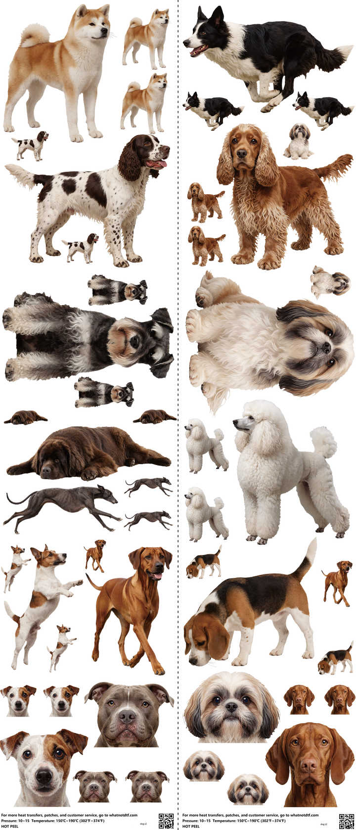 Dog mixed-style heat transfer design set on a 23.5 by 53 inch sheet