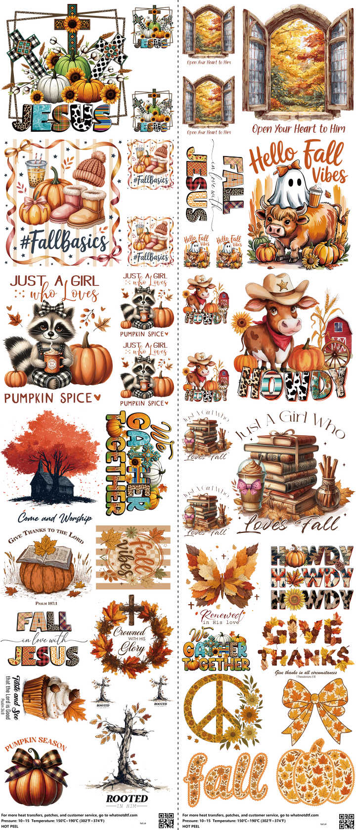 Fall mixed-style heat transfer design set on a 23.5 by 53 inch sheet