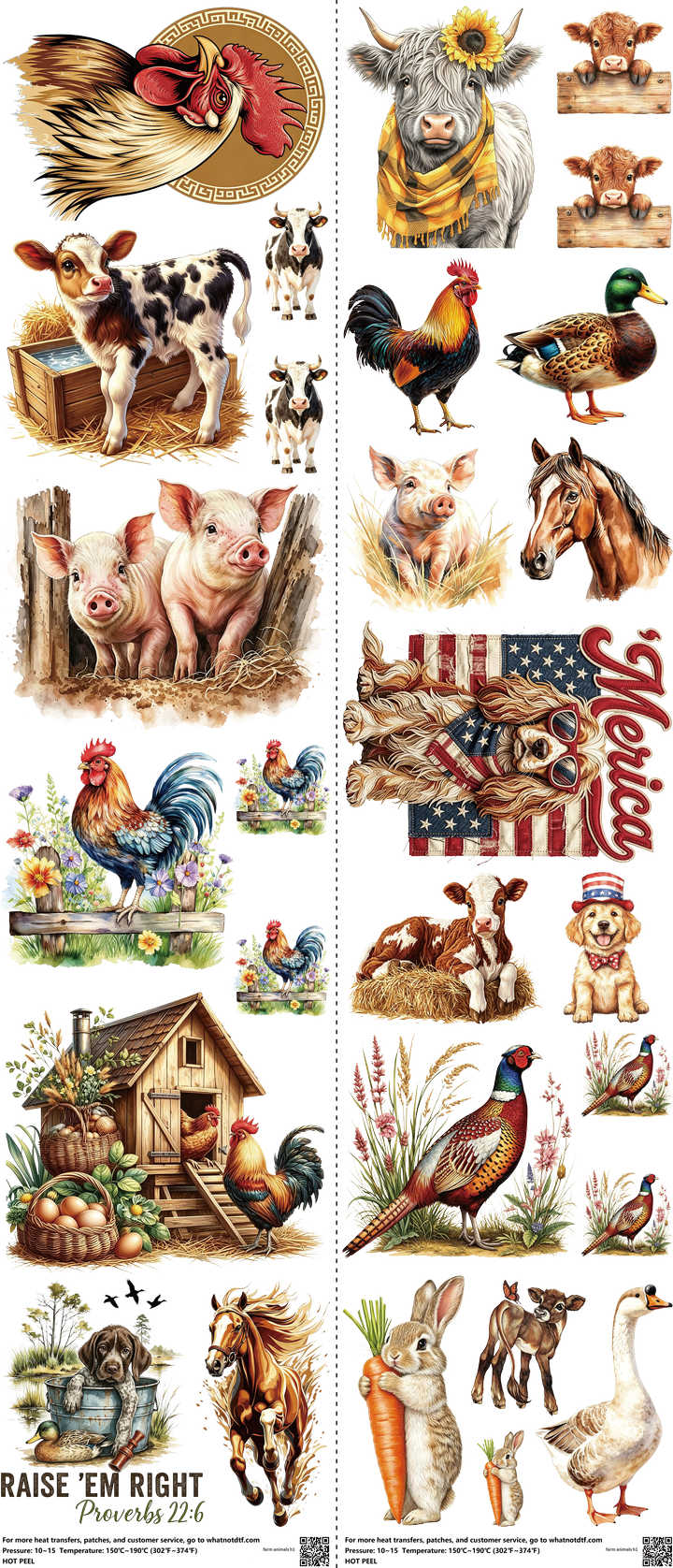 Farm Animals mixed-style heat transfer design set on a 23.5 by 53 inch sheet