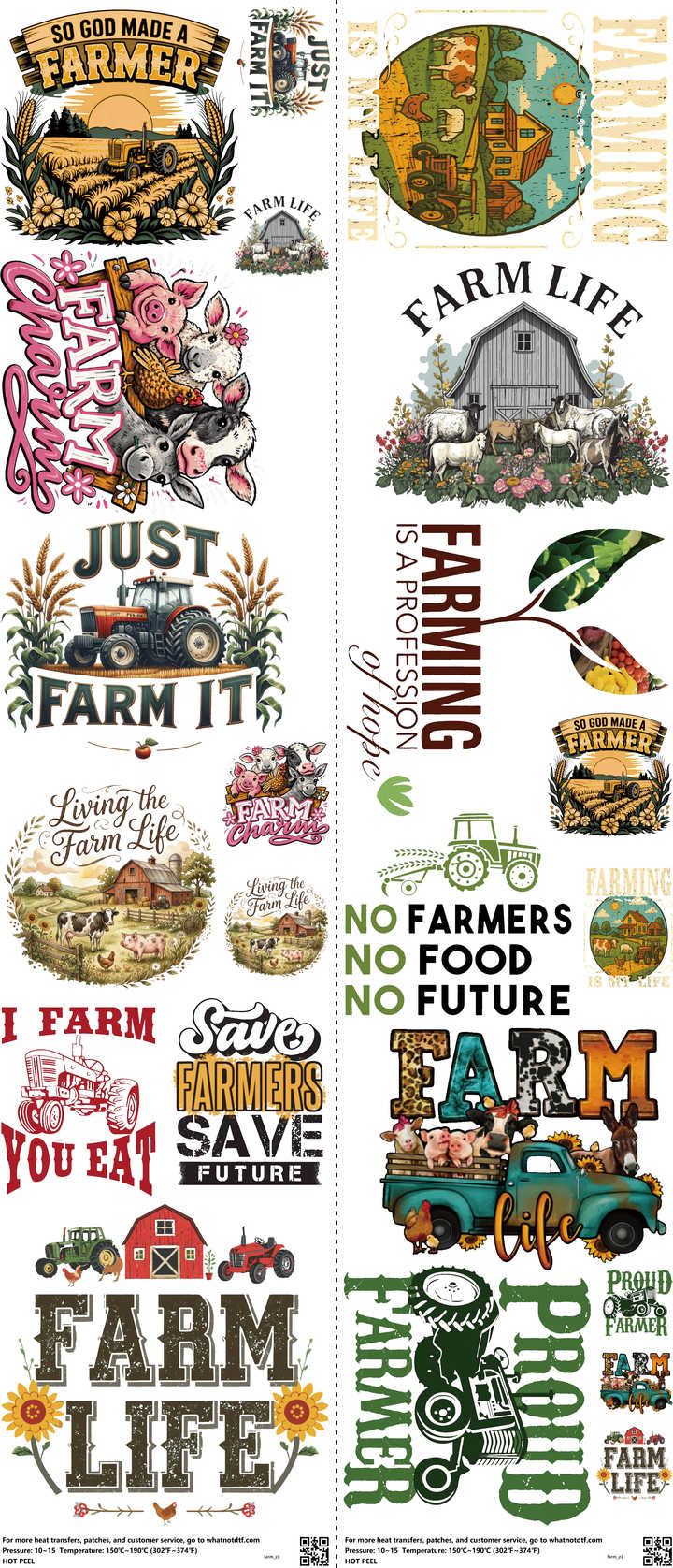 Farm mixed-style heat transfer design set on a 23.5 by 53 inch sheet
