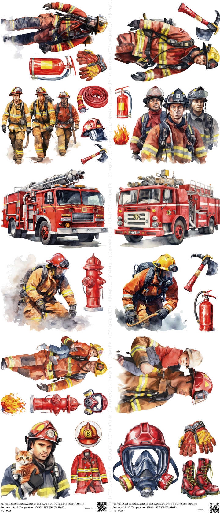 Fireman mixed-style heat transfer design set on a 23.5 by 53 inch sheet