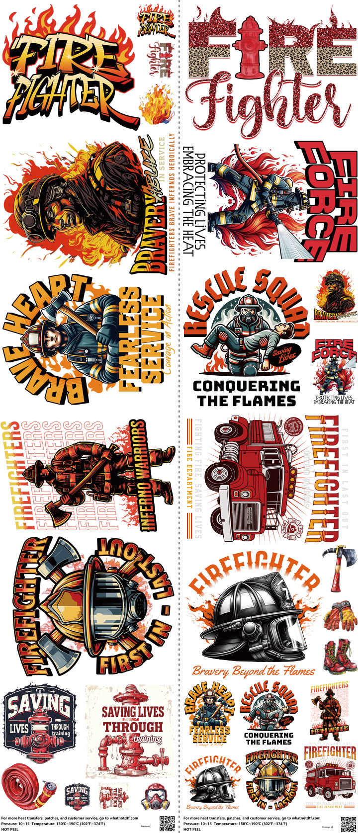 Fireman mixed-style heat transfer design set on a 23.5 by 53 inch sheet