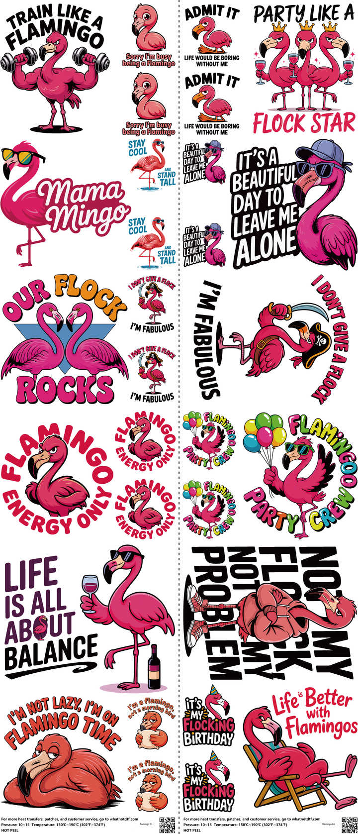 Flamingo mixed-style heat transfer design set on a 23.5 by 53 inch sheet