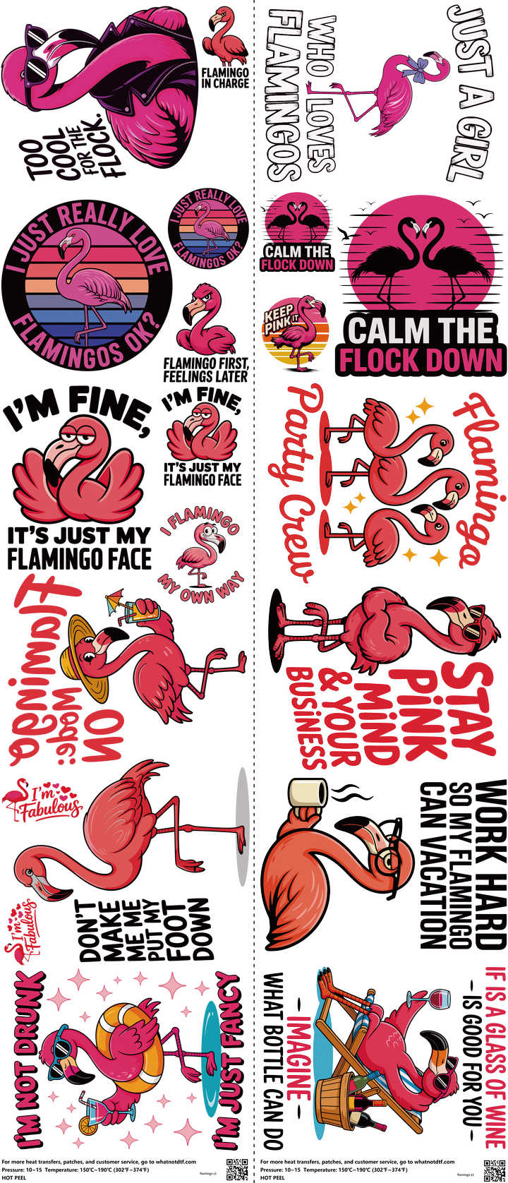 Flamingo mixed-style heat transfer design set on a 23.5 by 53 inch sheet