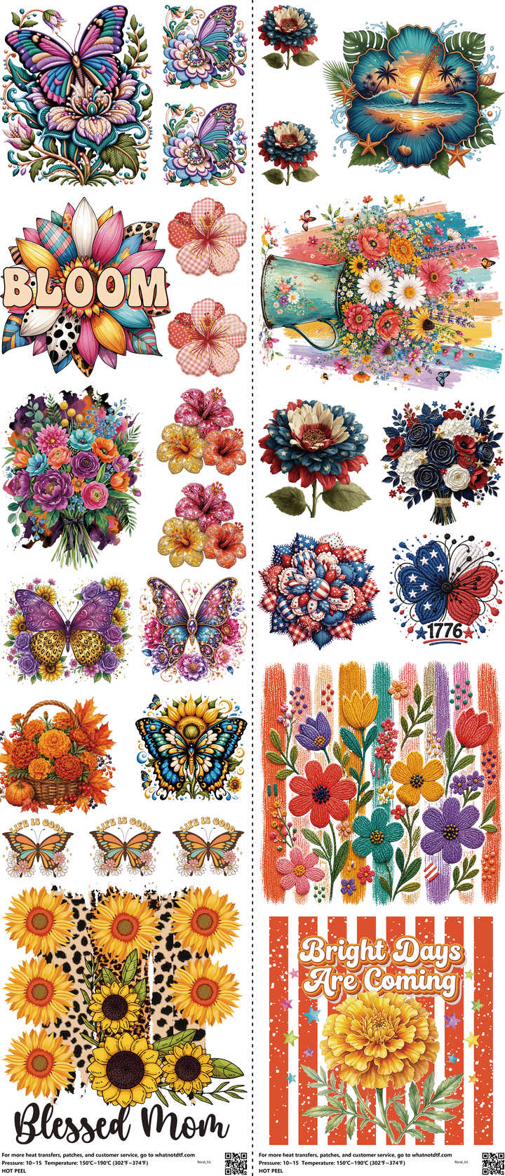 Floral mixed-style heat transfer design set on a 23.5 by 53 inch sheet