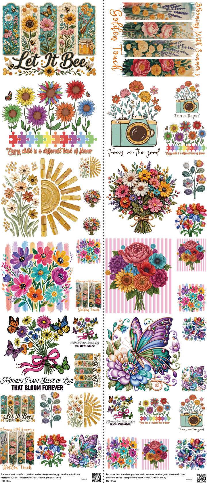 Flower mixed-style heat transfer design set on a 23.5 by 53 inch sheet