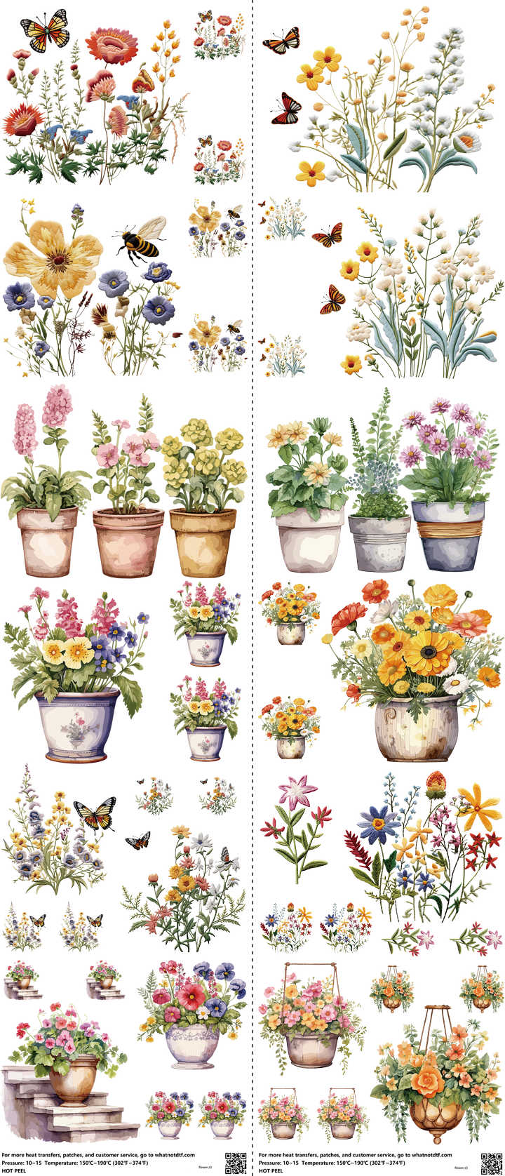 Flower mixed-style heat transfer design set on a 23.5 by 53 inch sheet