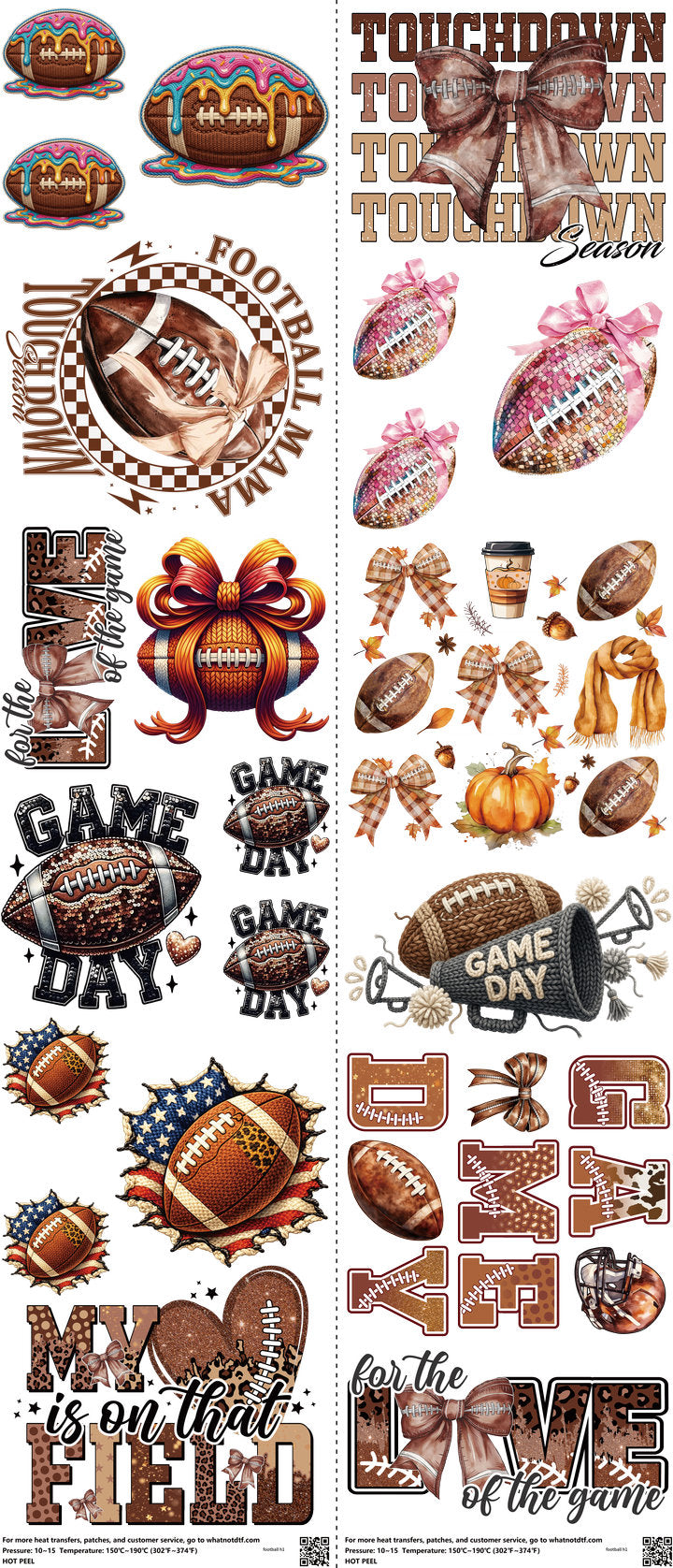Football mixed-style heat transfer design set on a 23.5 by 53 inch sheet