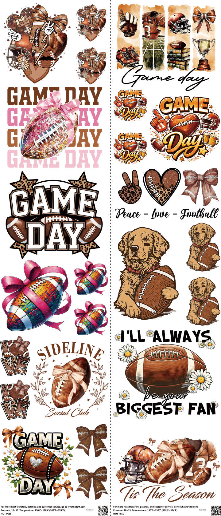 Football mixed-style heat transfer design set on a 23.5 by 53 inch sheet