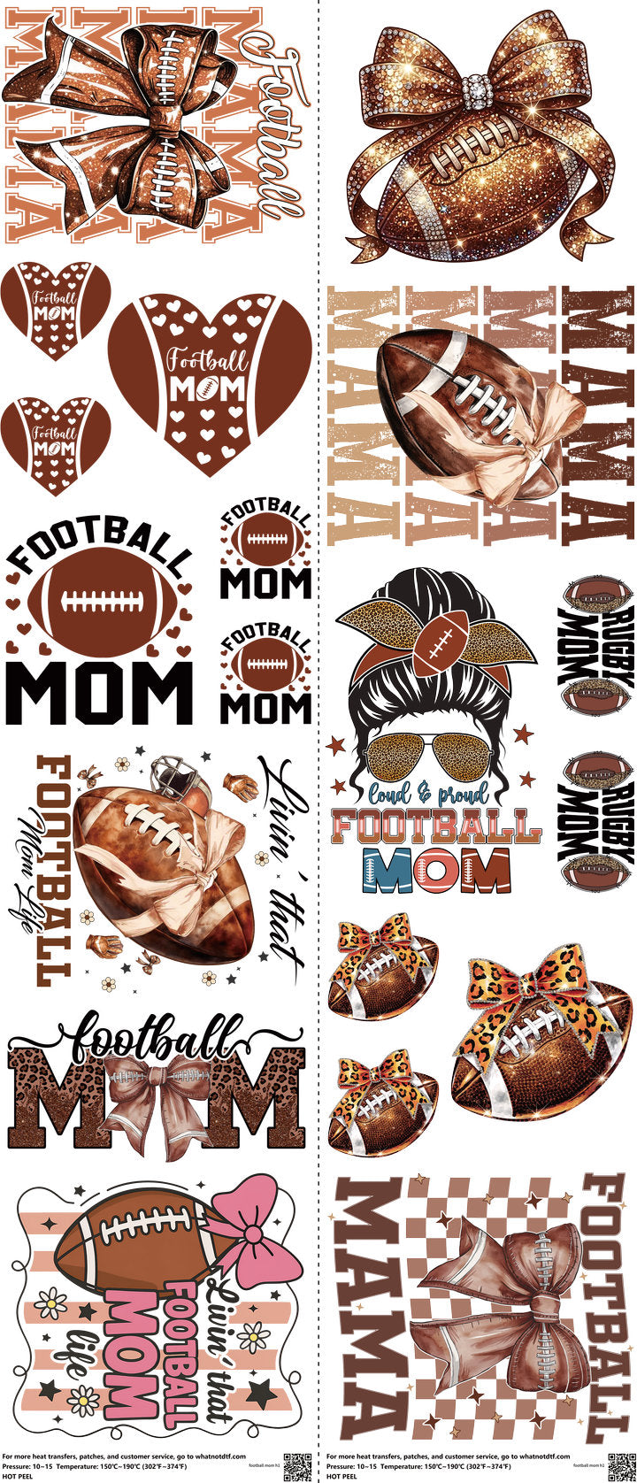 Football Mom mixed-style heat transfer design set on a 23.5 by 53 inch sheet
