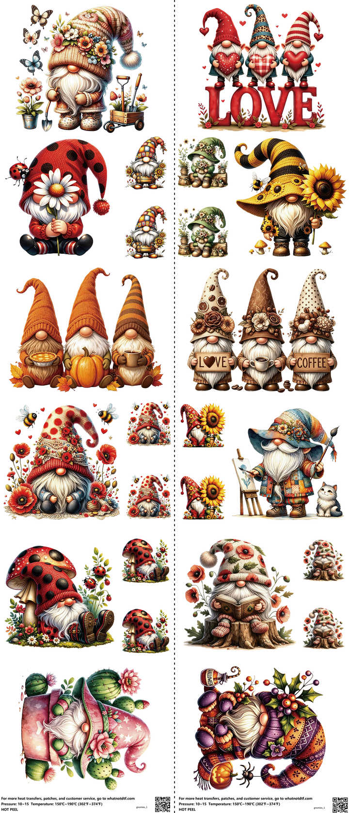 Gnomies mixed-style heat transfer design set on a 23.5 by 53 inch sheet