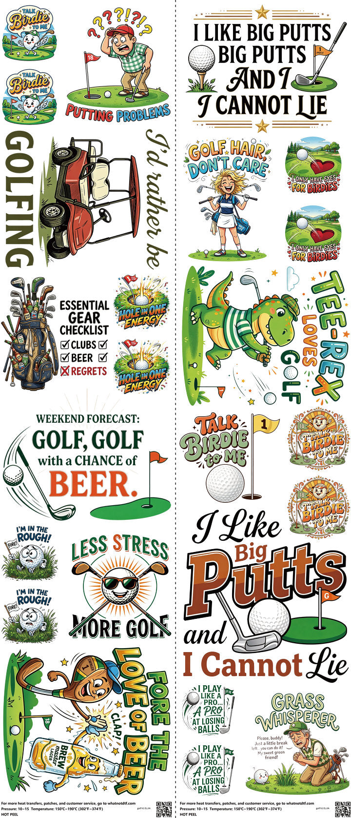 Golf H1 mixed-style heat transfer design set on a 23.5 by 53 inch sheet