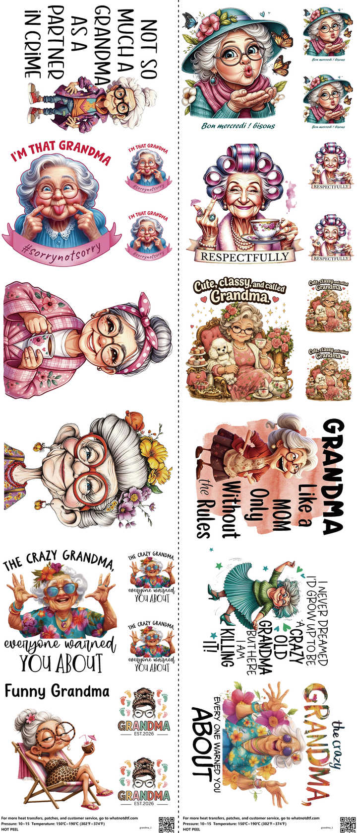 Grandma mixed-style heat transfer design set on a 23.5 by 53 inch sheet