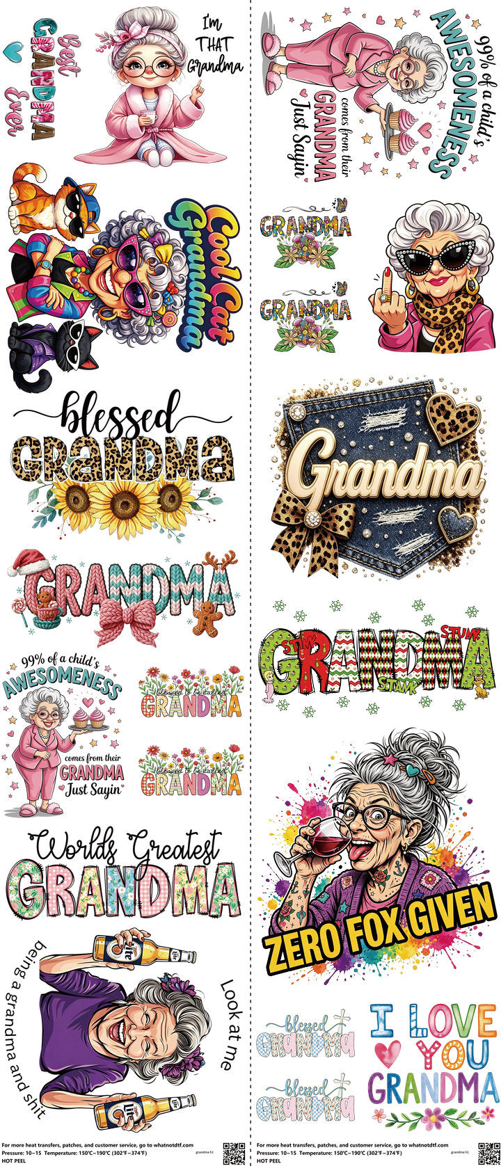 Grandma mixed-style heat transfer design set on a 23.5 by 53 inch sheet