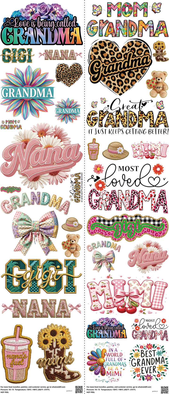 Grandma mixed-style heat transfer design set on a 23.5 by 53 inch sheet