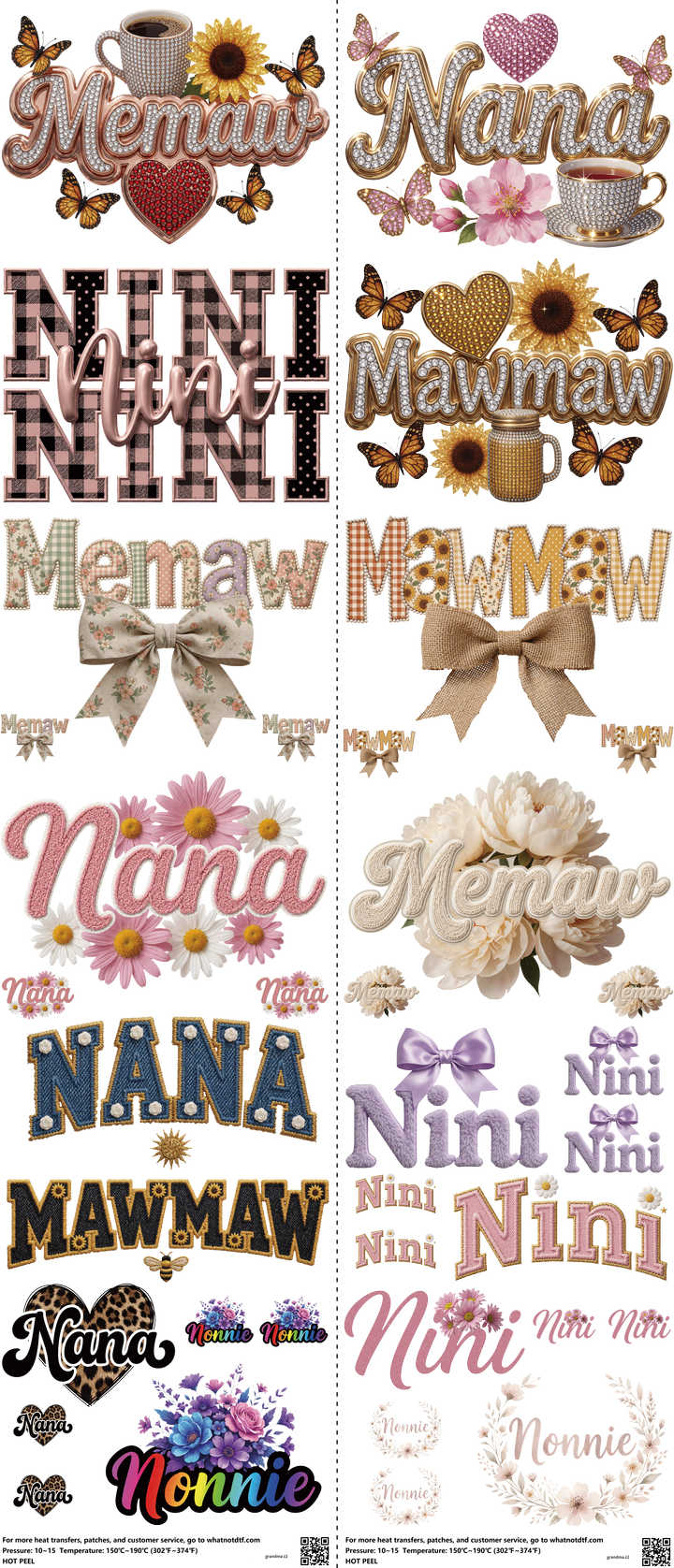 Grandma mixed-style heat transfer design set on a 23.5 by 53 inch sheet