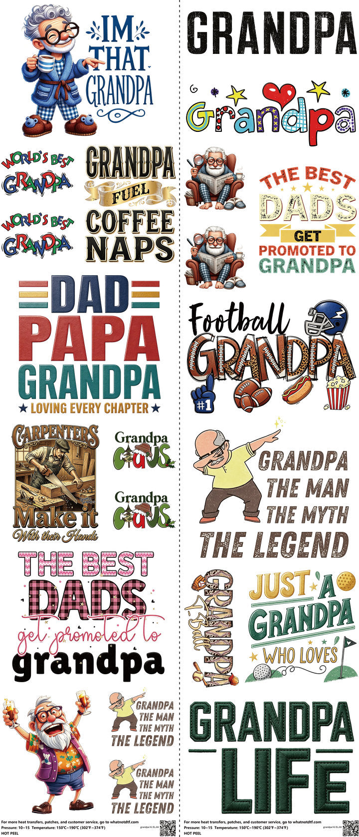 Grandpa H1 mixed-style heat transfer design set on a 23.5 by 53 inch sheet