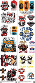 Gym mixed-style heat transfer design set on a 23.5 by 53 inch sheet