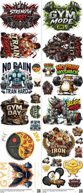 Gym mixed-style heat transfer design set on a 23.5 by 53 inch sheet