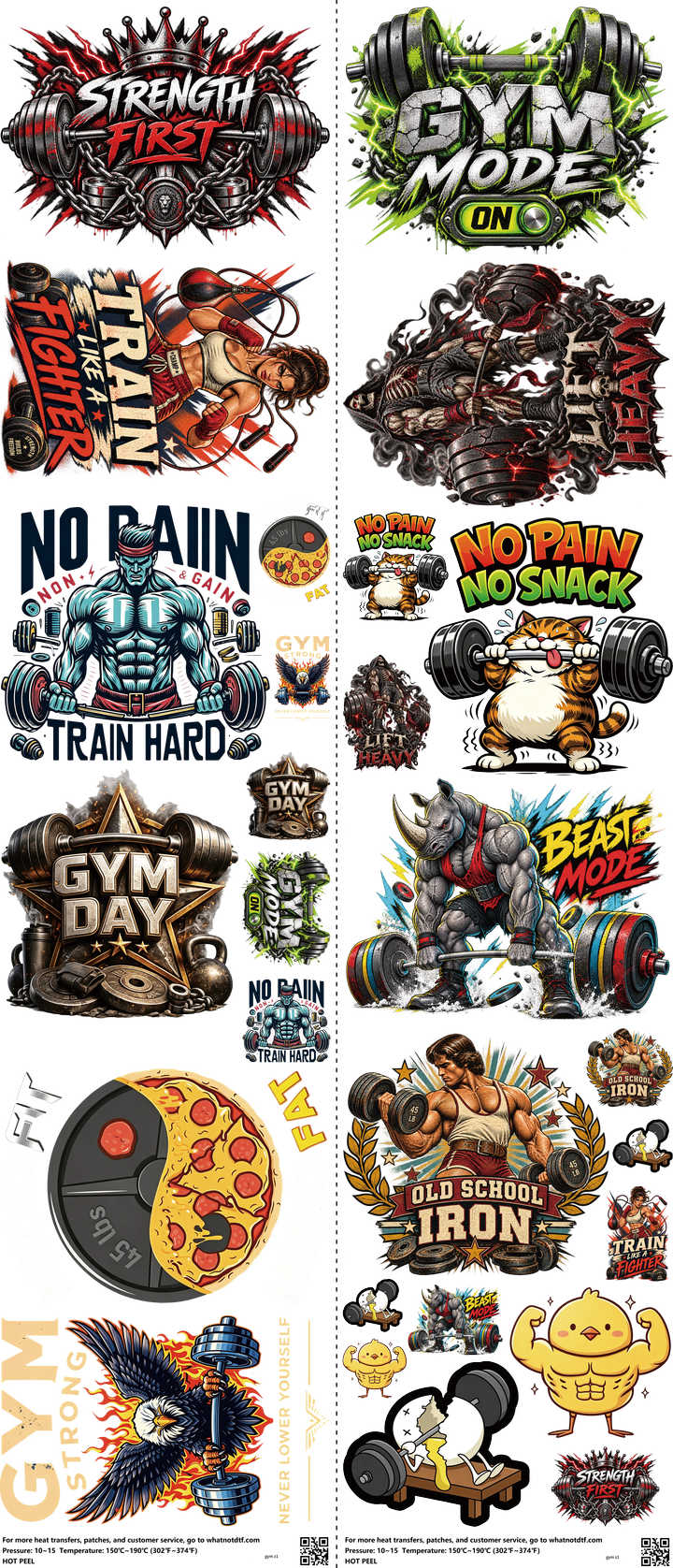 Gym mixed-style heat transfer design set on a 23.5 by 53 inch sheet