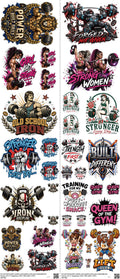 Gym mixed-style heat transfer design set on a 23.5 by 53 inch sheet