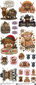 Highland Cow Ptxy1 mixed-style heat transfer design set on a 23.5 by 53 inch sheet
