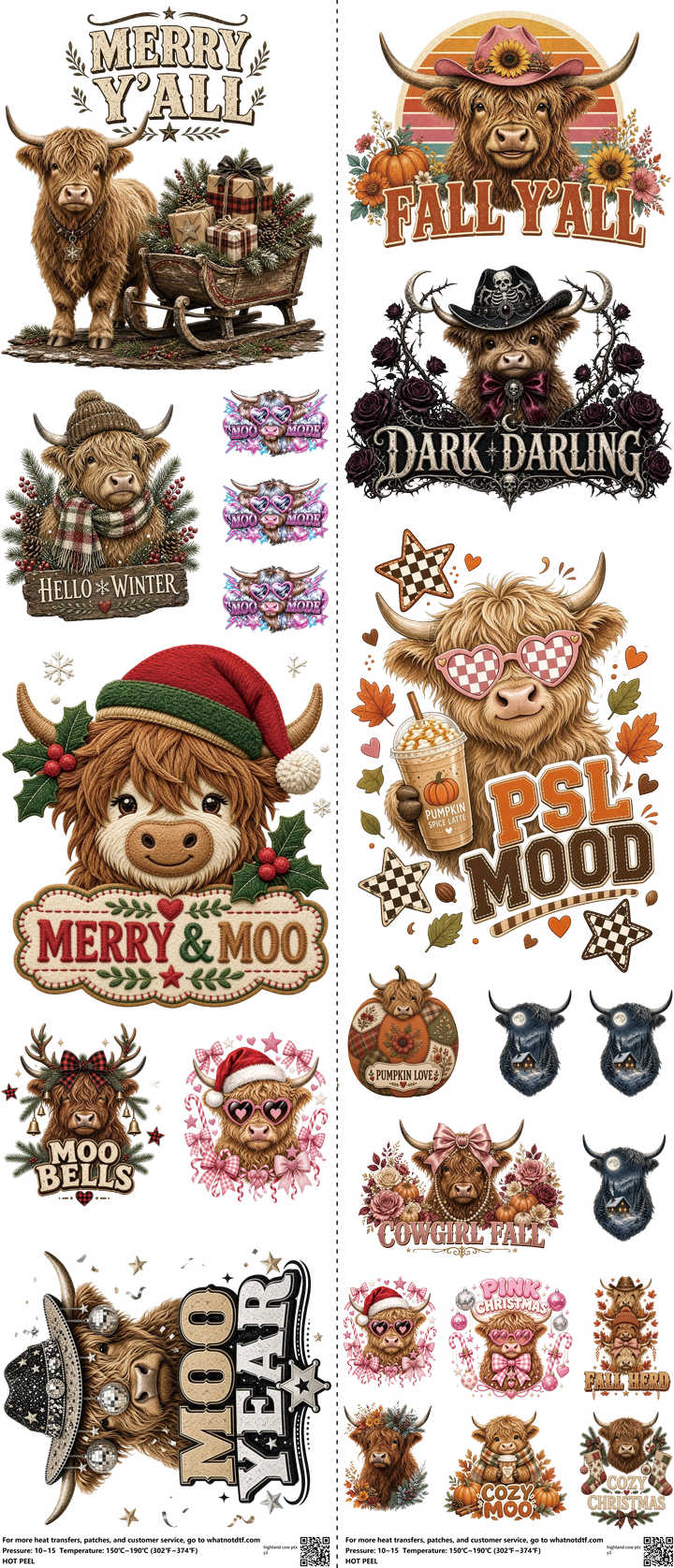Highland Cow Ptxy1 mixed-style heat transfer design set on a 23.5 by 53 inch sheet