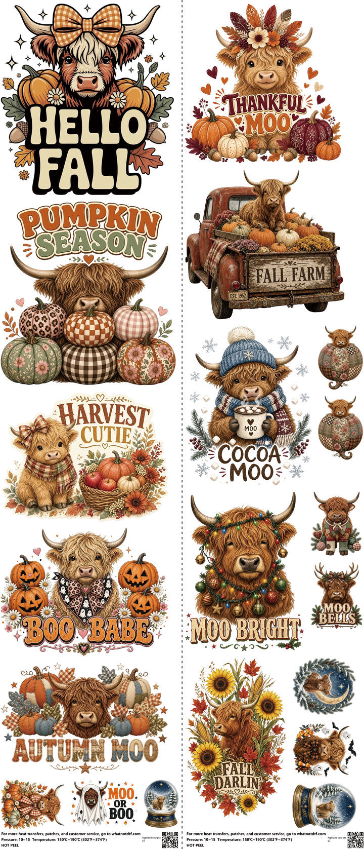 Highland Cow Ptxy2 mixed-style heat transfer design set on a 23.5 by 53 inch sheet