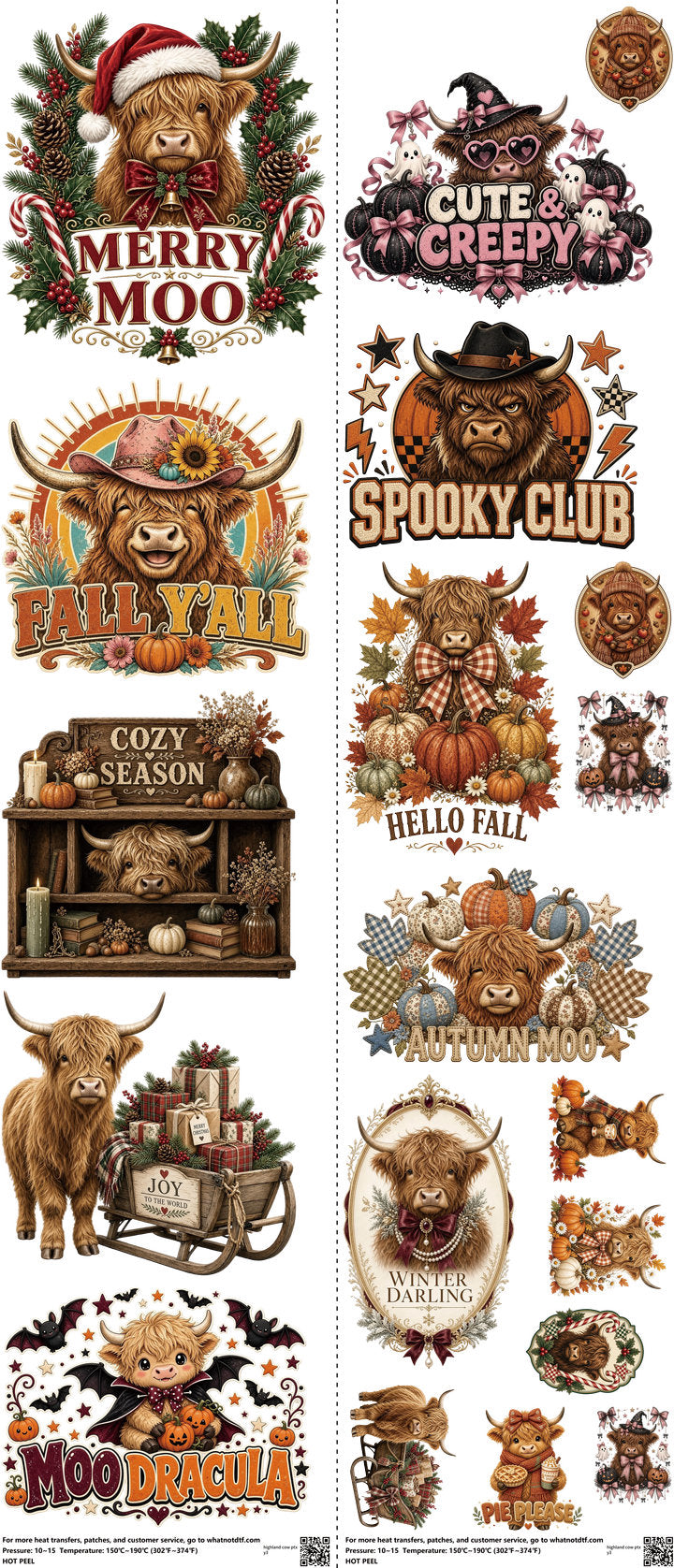 Highland Cow Ptxy3 mixed-style heat transfer design set on a 23.5 by 53 inch sheet
