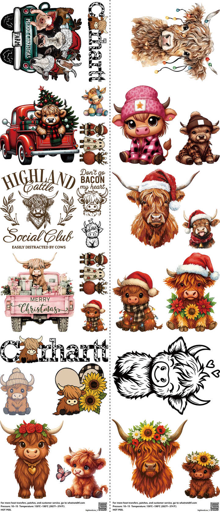 Highlandcow mixed-style heat transfer design set on a 23.5 by 53 inch sheet
