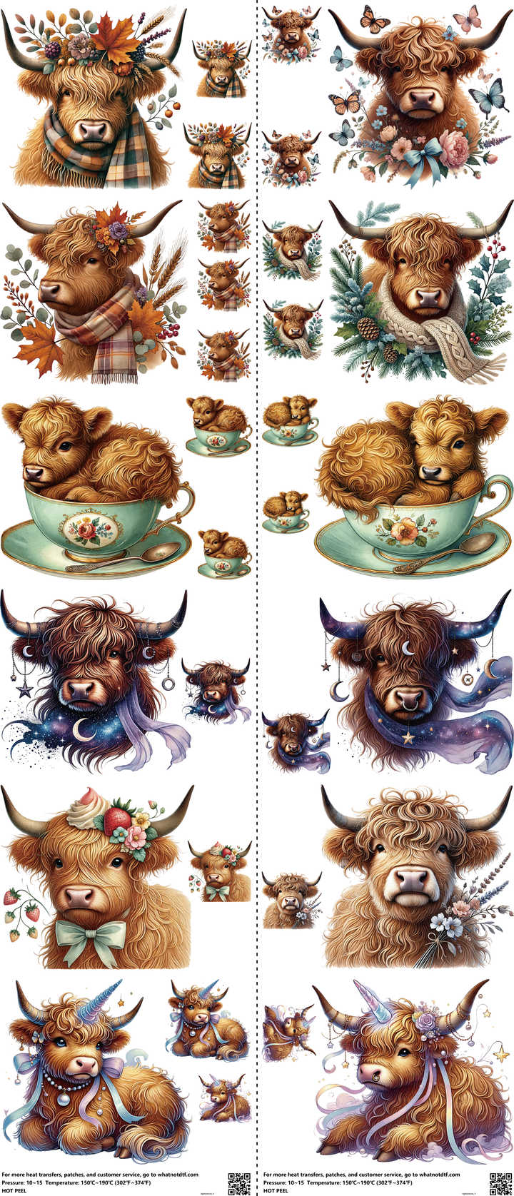 Highlandcow mixed-style heat transfer design set on a 23.5 by 53 inch sheet