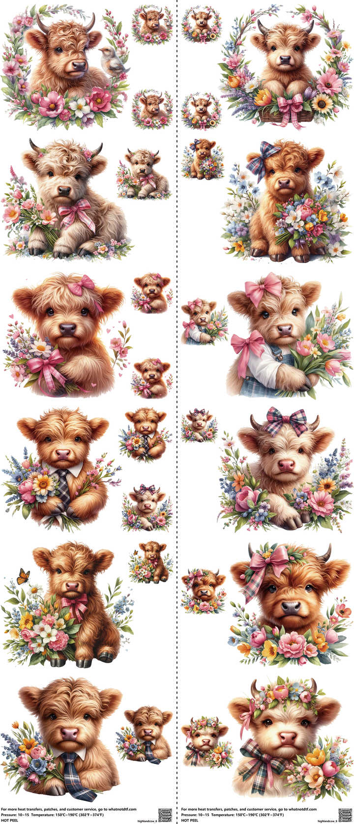Highlandcow mixed-style heat transfer design set on a 23.5 by 53 inch sheet