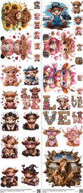 Highlandcow mixed-style heat transfer design set on a 23.5 by 53 inch sheet