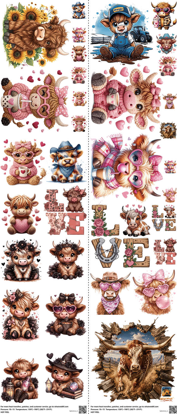 Highlandcow mixed-style heat transfer design set on a 23.5 by 53 inch sheet