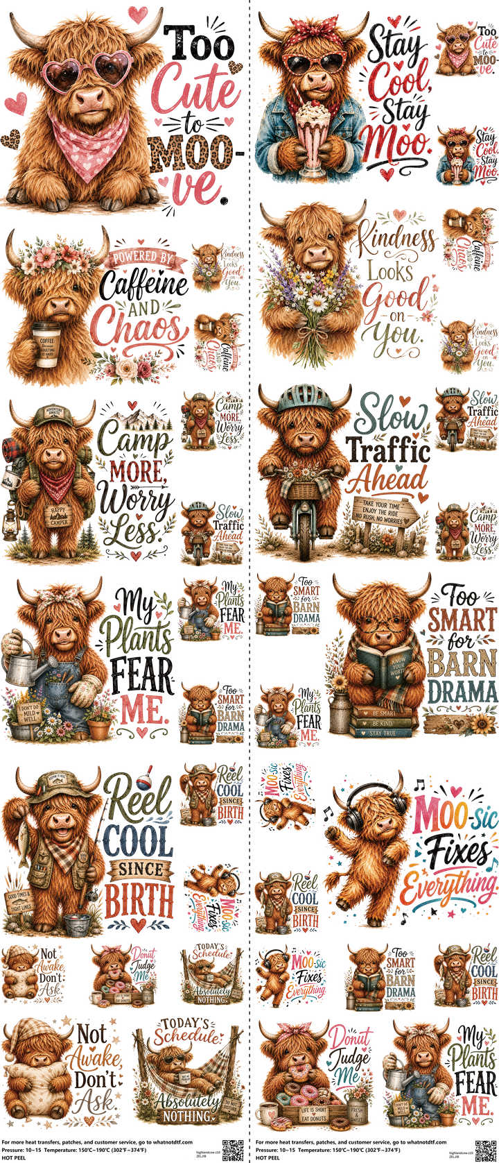 Highlandcow Z10 mixed-style heat transfer design set on a 23.5 by 53 inch sheet